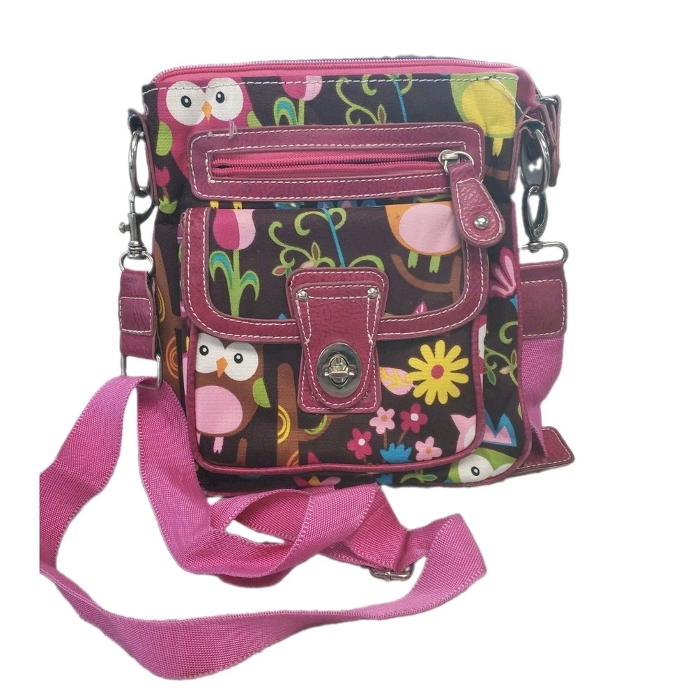Colorful Owl Strap Crossbody Bag Purse Floral Print Fushia Trim Adjustable Strap
